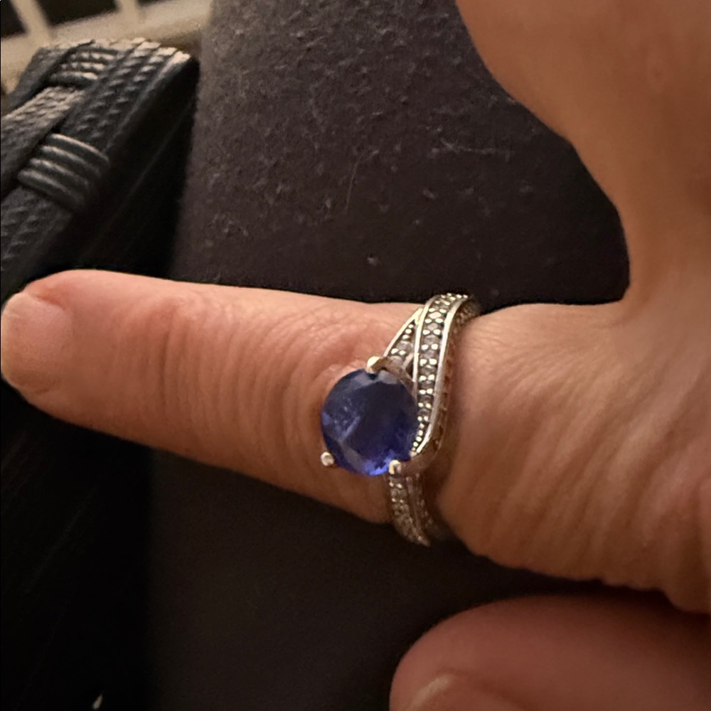Dazzling Lab created Sapphire and Sterling Silver Ring with rose gold bow